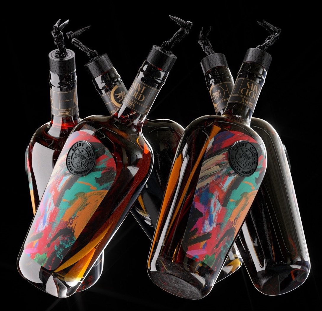 Abstrakt bottles suspended against black